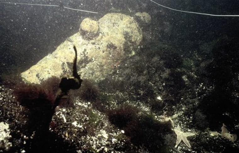 This photo provided by Charles Buffum shows a submerged cannon that a team of divers say is one of the remains of the USS. Revenge, a ship commanded by U.S. Navy hero Oliver Hazard Perry. The ship was wrecked in the Atlantic Ocean off the coast of Rhode Island on Jan. 9, 1811. The picture was taken in 2006, but the discoverers of the cannon have kept their find a secret for years.